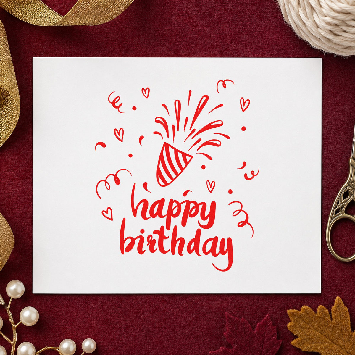 Birthday Bursting Party Popper rubber stamp shown in red ink, stamped for projects such as bin birthday labels.