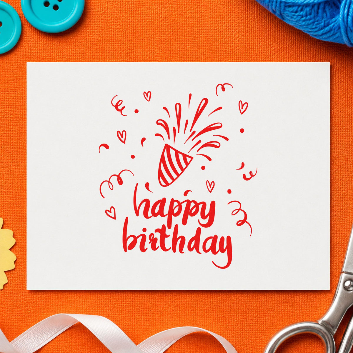 Birthday Bursting Party Popper craft stamp imprint in red ink on a handmade project, one idea being day plan cards.