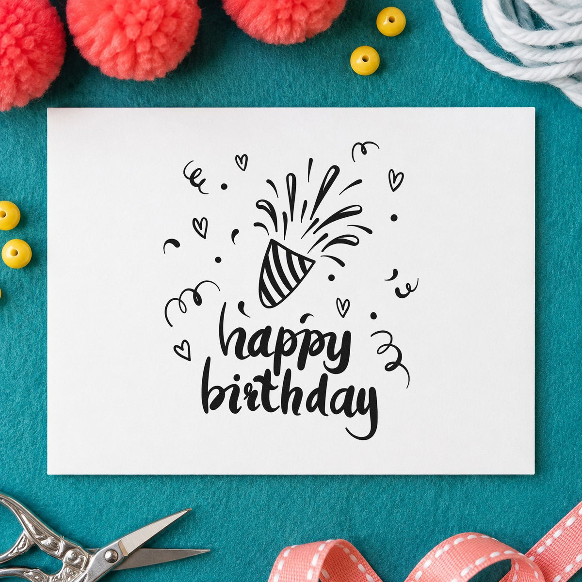 Birthday Bursting Party Popper rubber stamp printed in black ink, ready for striped popper cards and similar paper crafts.