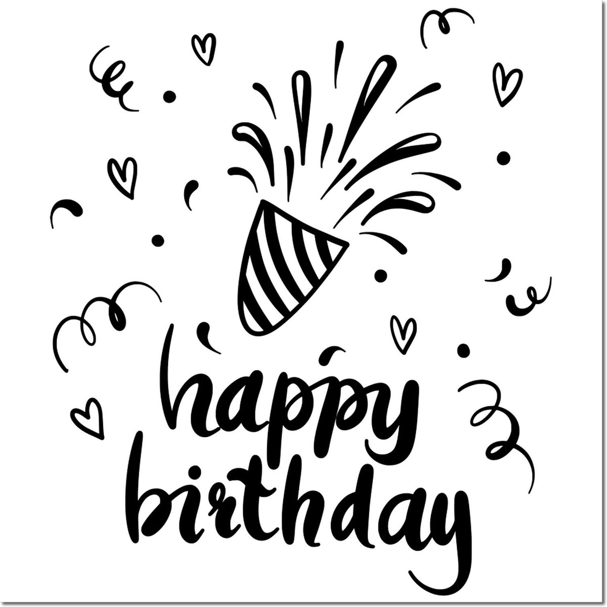 Black happy birthday stamp/seal with party popper, hearts and confetti on a white background.