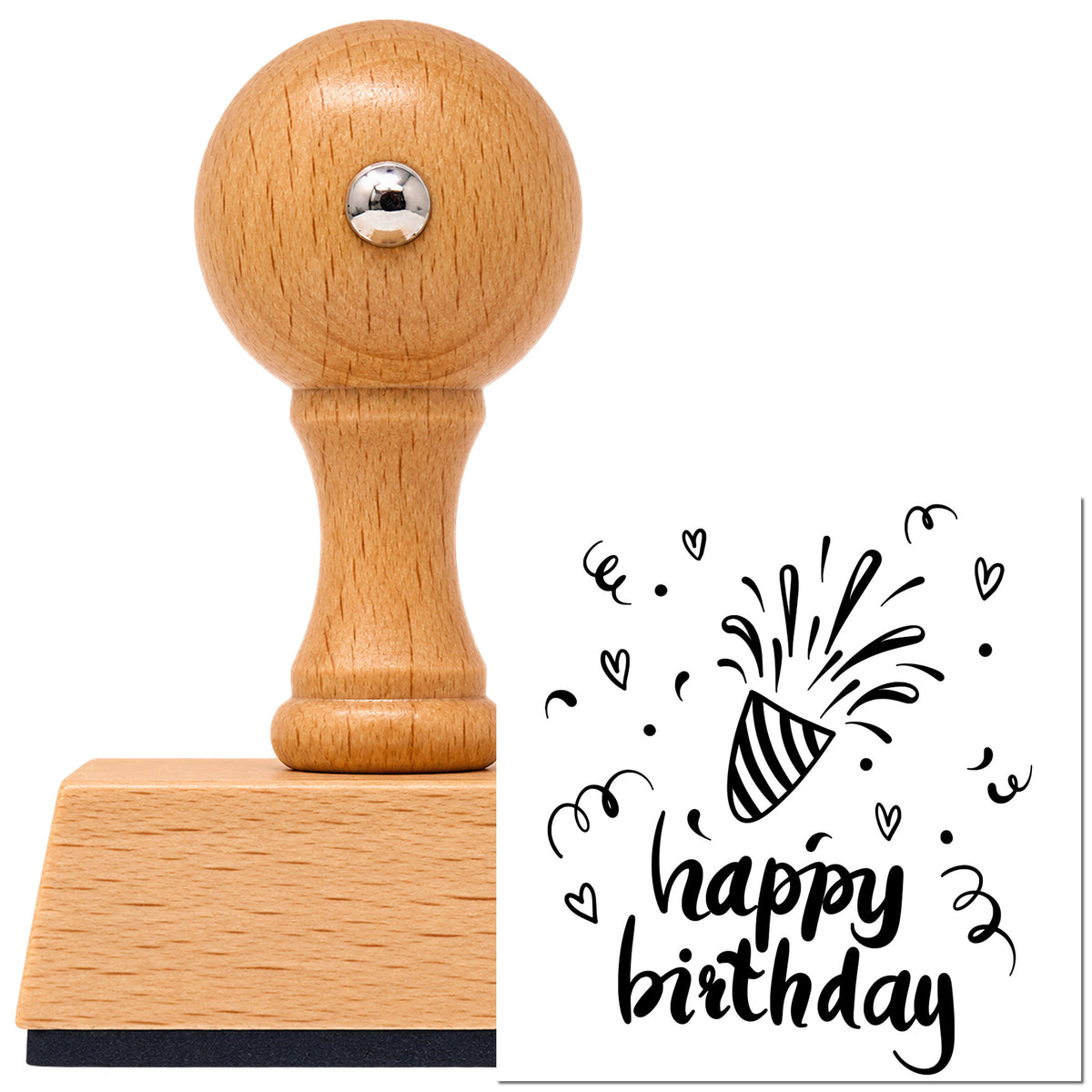 Vintage Pro beech wood stamp with a round knob handle, shown with its black Birthday Bursting Party Popper imprint on white.