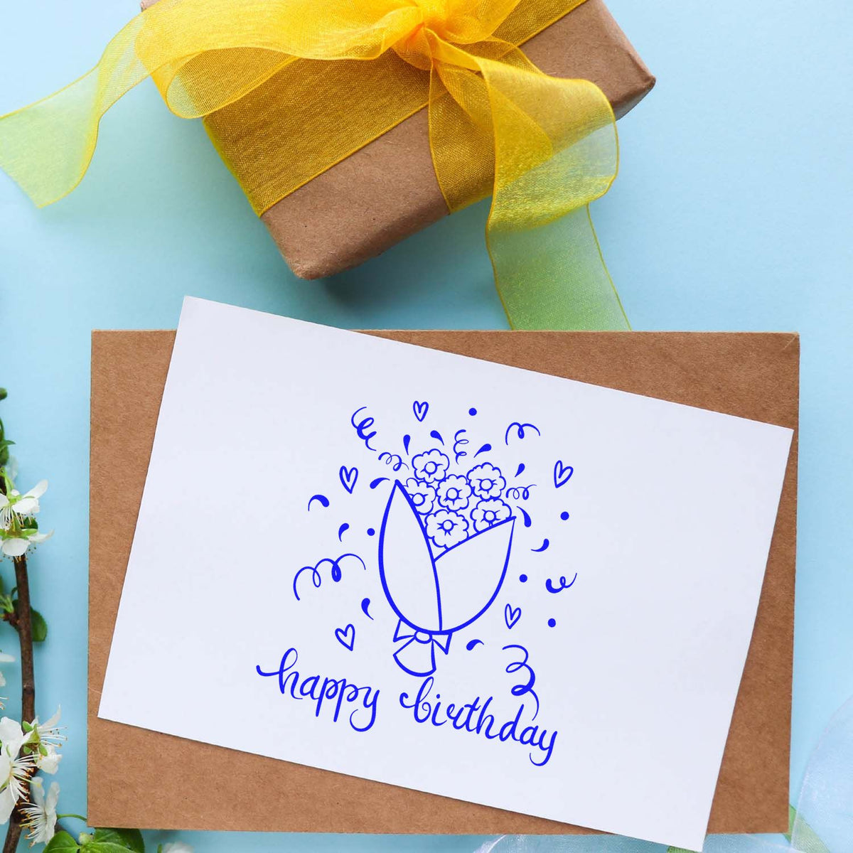 Birthday Flower Bouquet Hearts rubber stamp shown in green ink, stamped for projects such as afternoon album page.