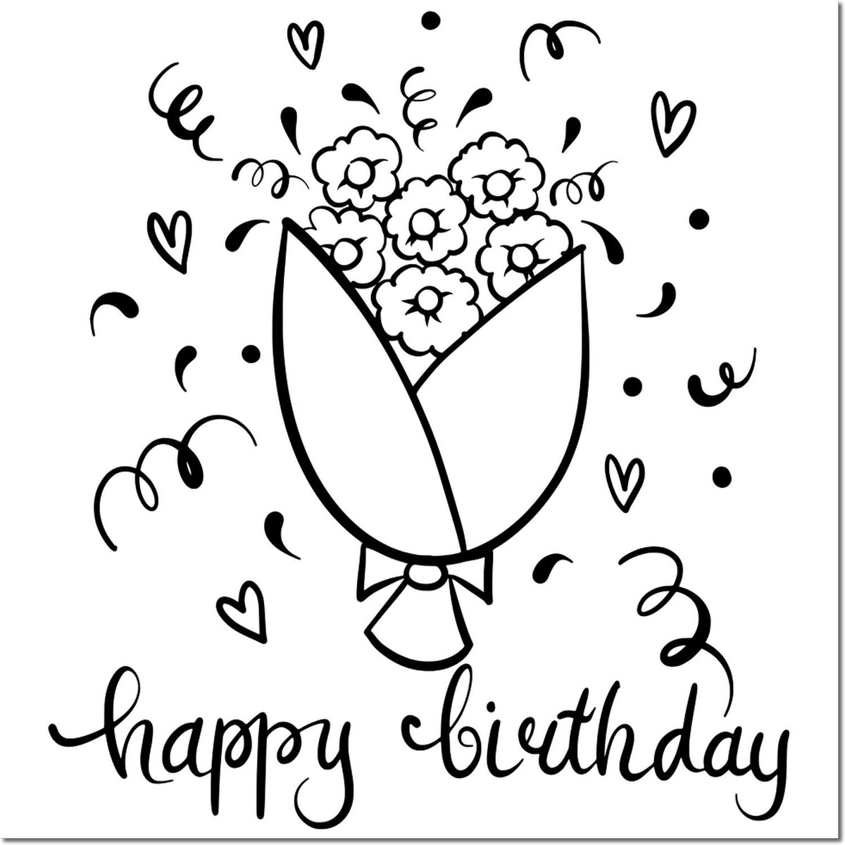 Black happy birthday seal stamp with tulip bouquet, hearts, and confetti line art.