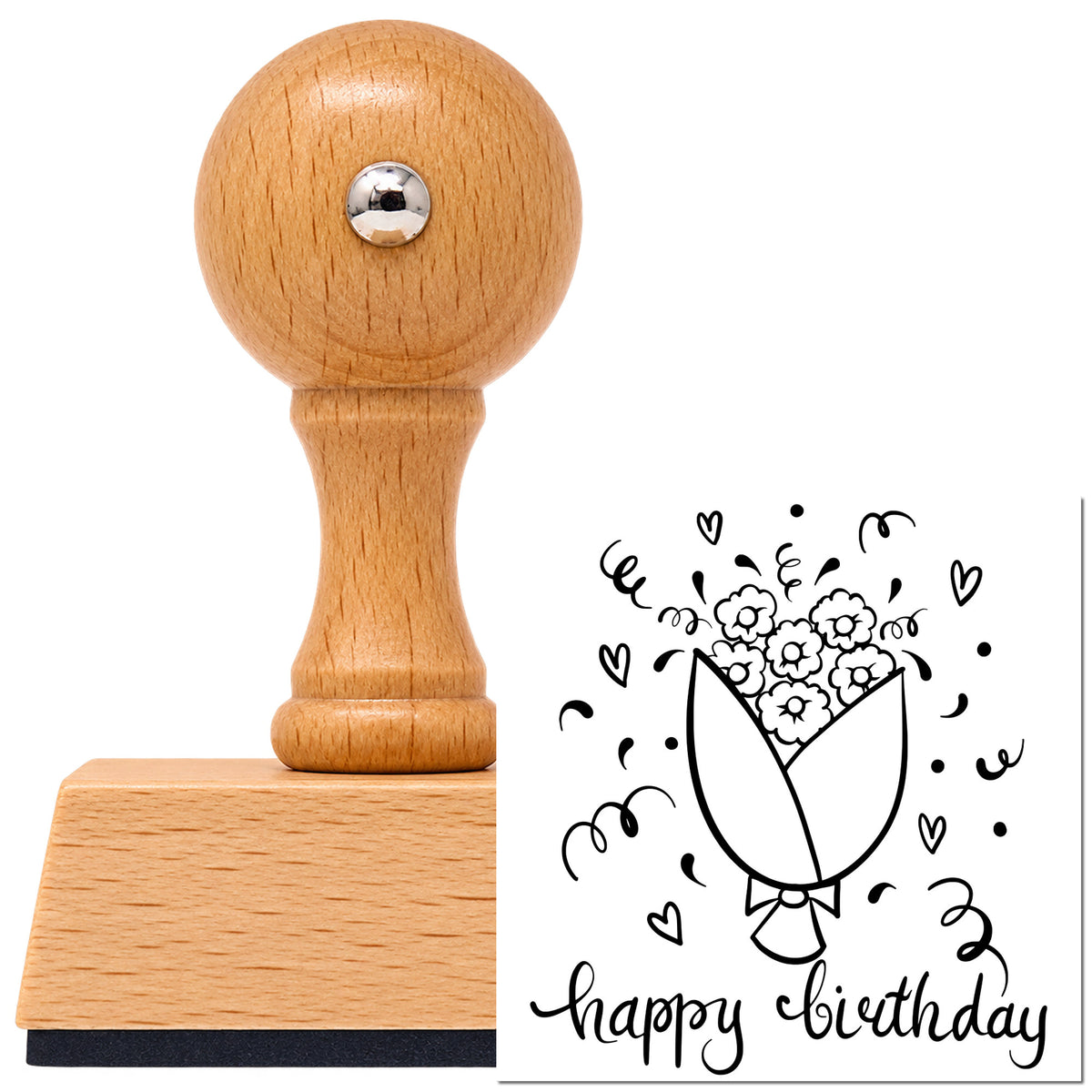 Vintage Pro beech wood stamp with a round knob handle, shown with its black Birthday Flower Bouquet Hearts imprint on white.