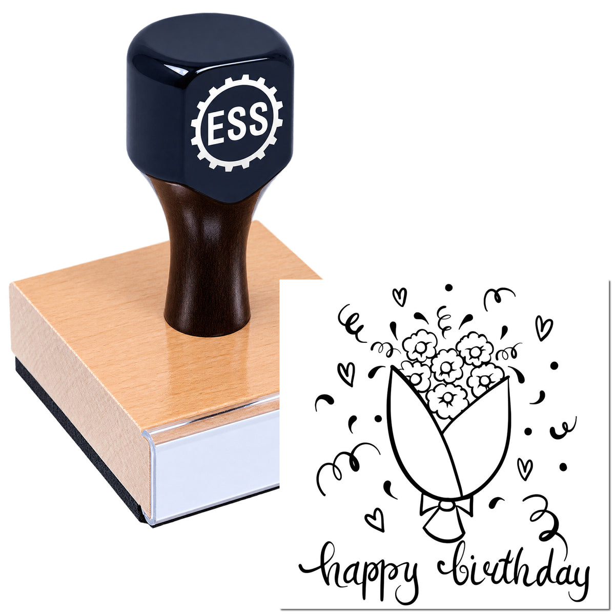 Black ESSI custom rubber stamp on pink block, with birthday tulip seal design, hearts, flowers and confetti.