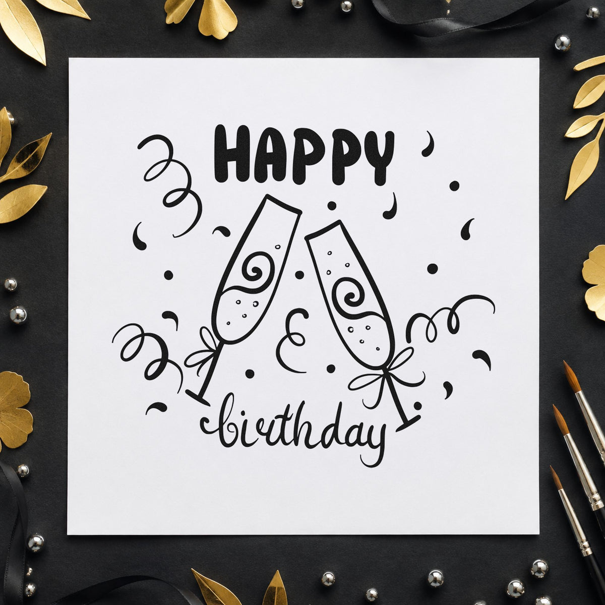 Birthday Toast Champagne Flutes rubber stamp printed in black ink, ready for night plan sheet and similar paper crafts.