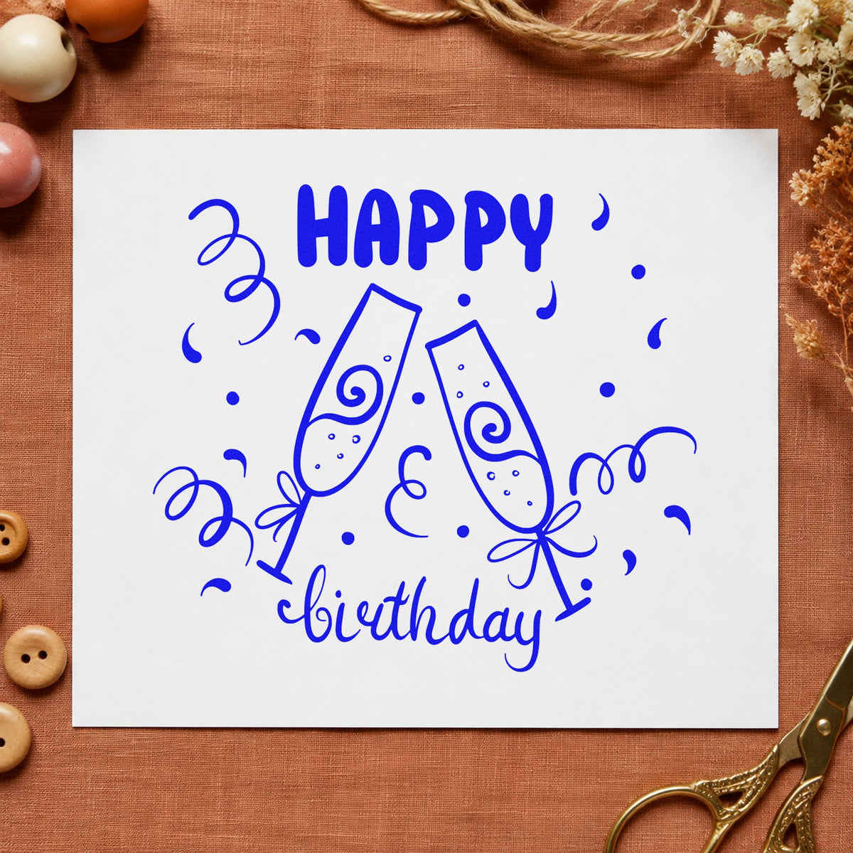 Birthday Toast Champagne Flutes craft stamp imprinted in blue ink on paper, a design suited to framed entry table.