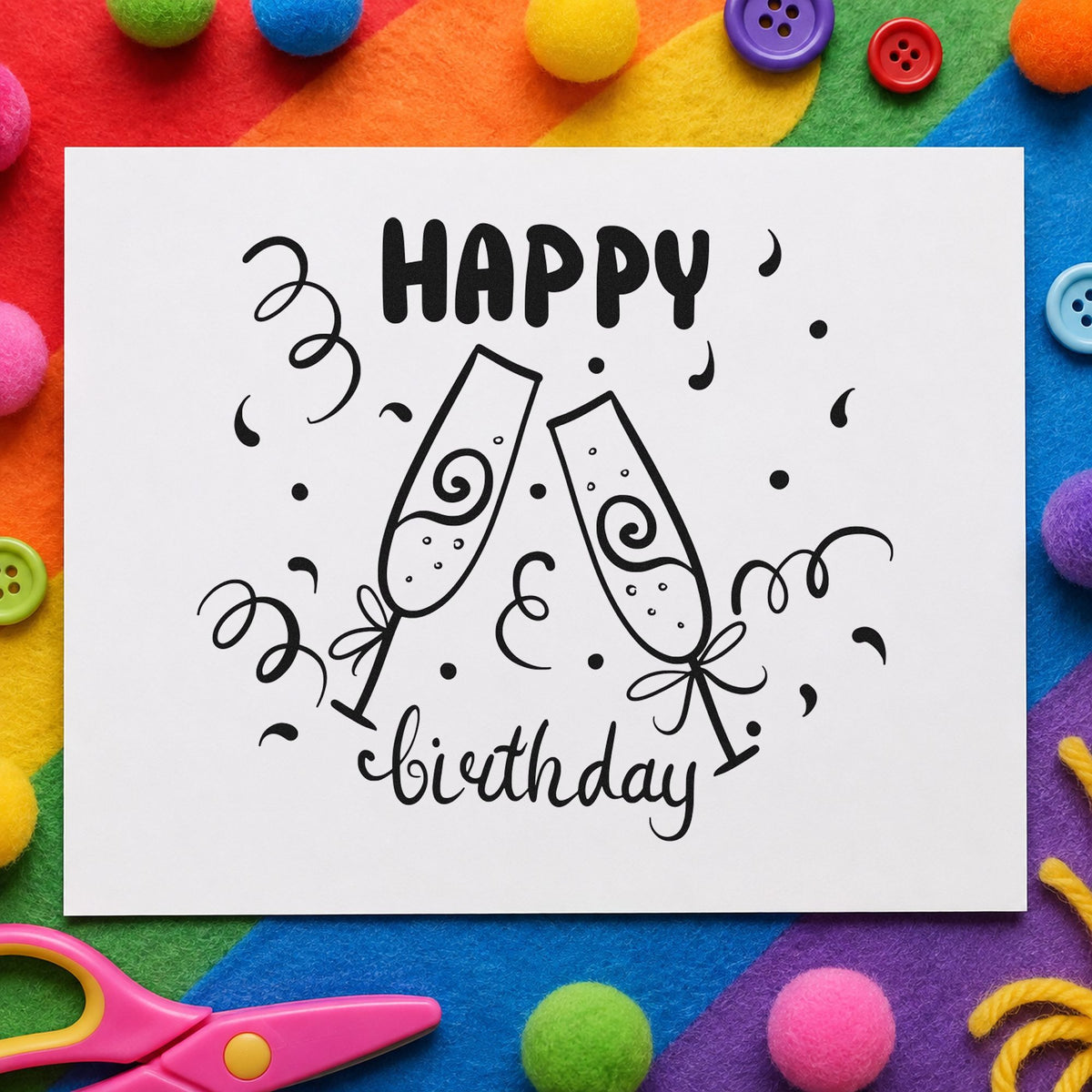 Birthday Toast Champagne Flutes rubber stamp printed in black ink, ready for tilted flute cards and similar paper crafts.