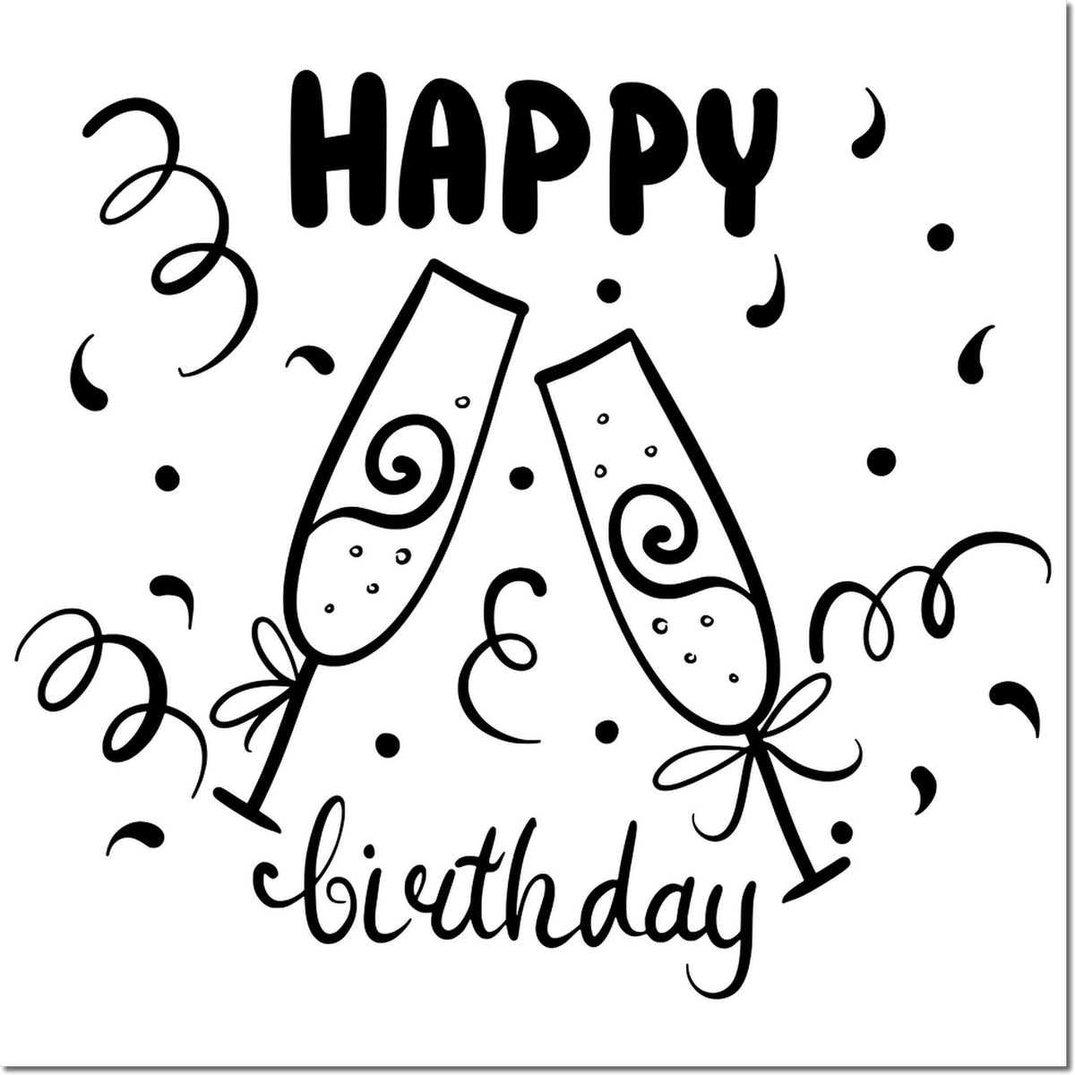 Black birthday stamp and seal design with HAPPY birthday, clinking champagne glasses, and confetti swirls.