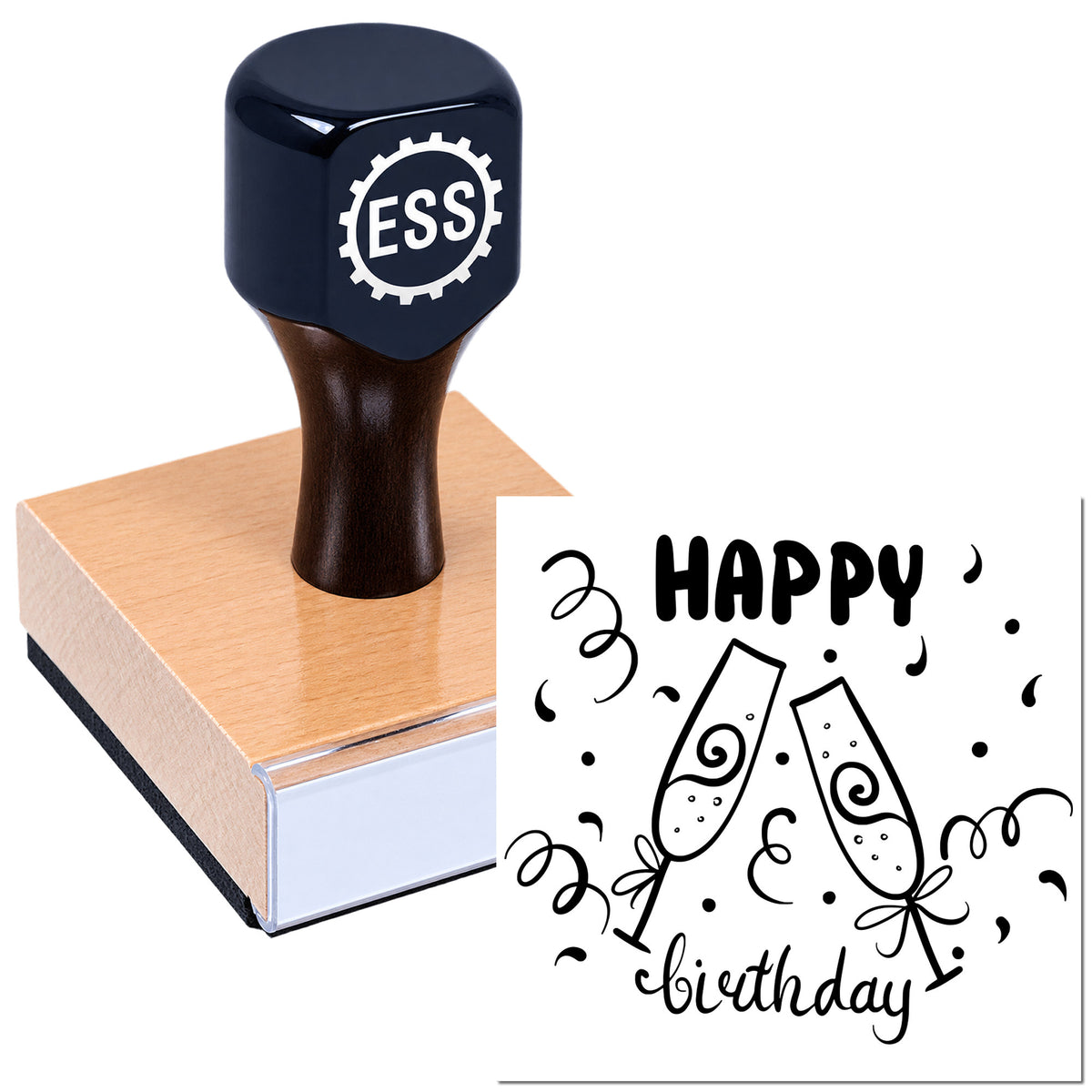 Black ESS rubber stamp on a wooden block next to a white birthday seal design with party glasses and confetti.