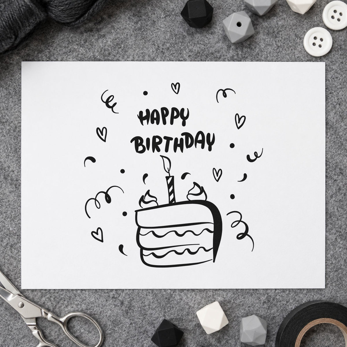 Birthday Candle Cake Slice craft stamp imprint in black ink on a handmade project, one idea being dessert gift tags.