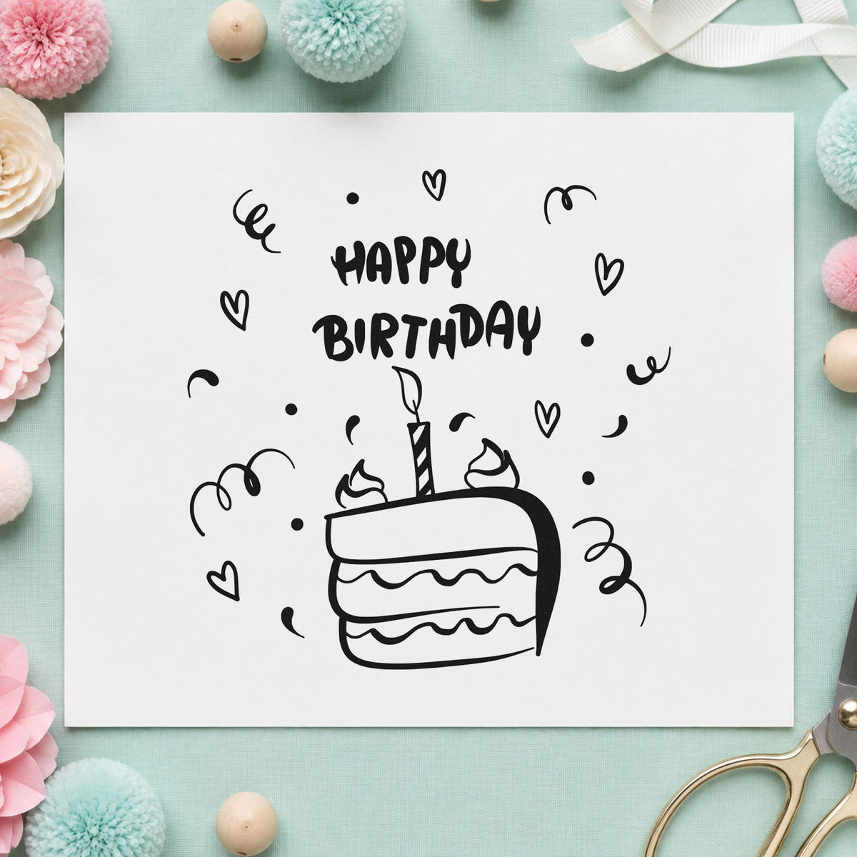 Birthday Candle Cake Slice rubber stamp printed in black ink, ready for booking note sheet and similar paper crafts.
