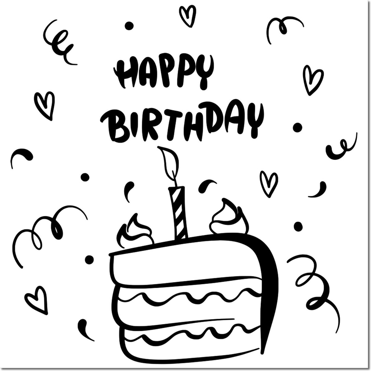 Black-and-white Happy Birthday stamp design with cake, candle, hearts, and confetti swirls for party seals.