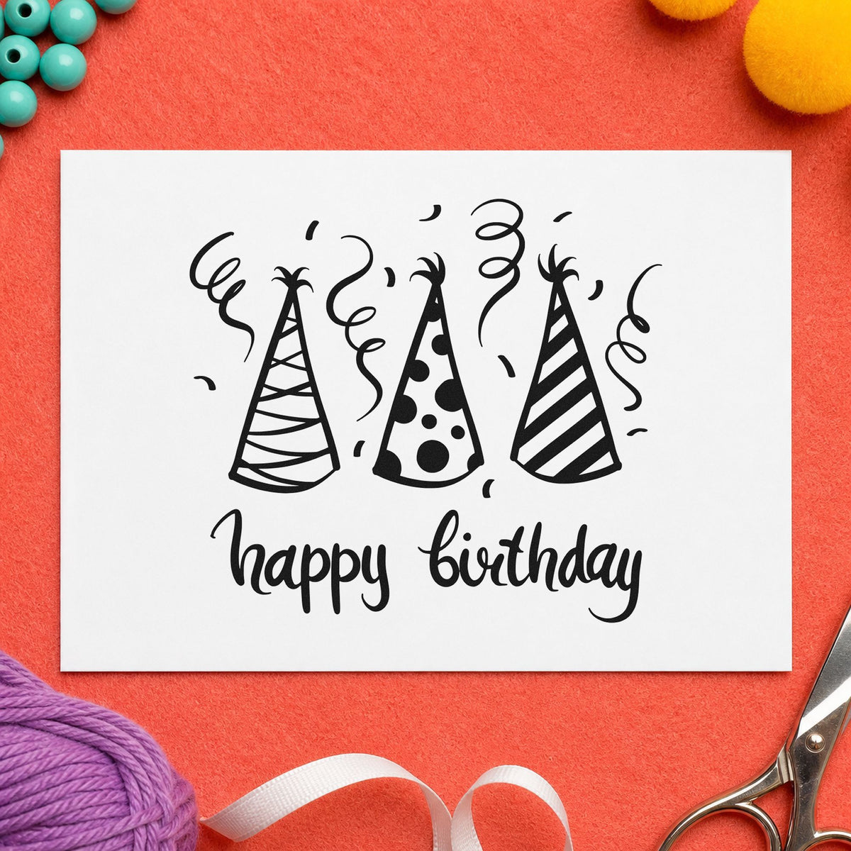 Birthday Three Party Hats craft stamp in black ink on cardstock, an easy option for family month album page.