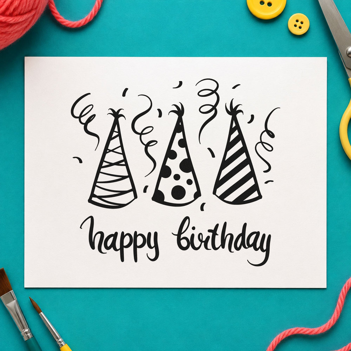 Birthday Three Party Hats craft stamp imprint in black ink on a handmade project, one idea being shared gift tags.