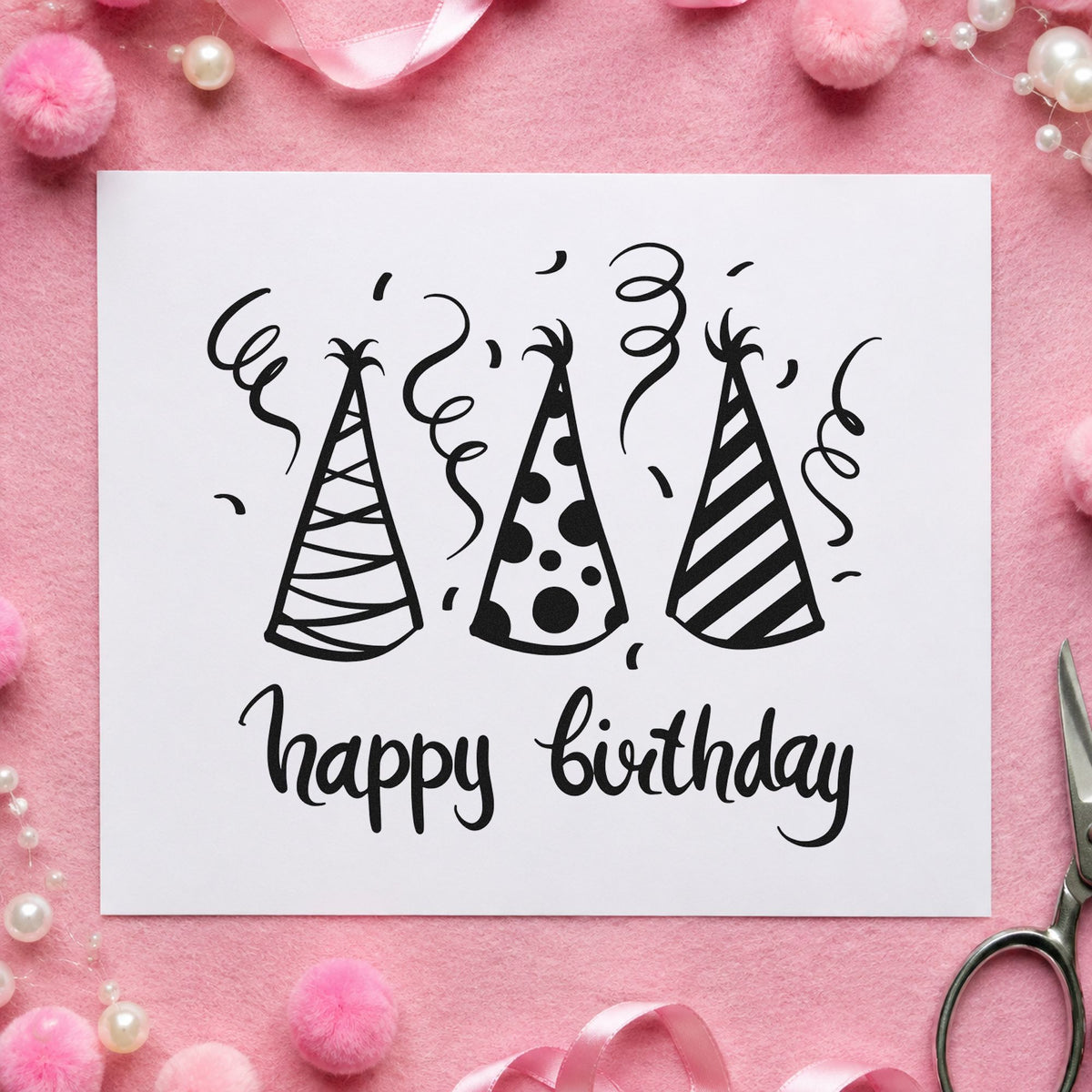 Birthday Three Party Hats rubber stamp printed in black ink, ready for month plan sheet and similar paper crafts.