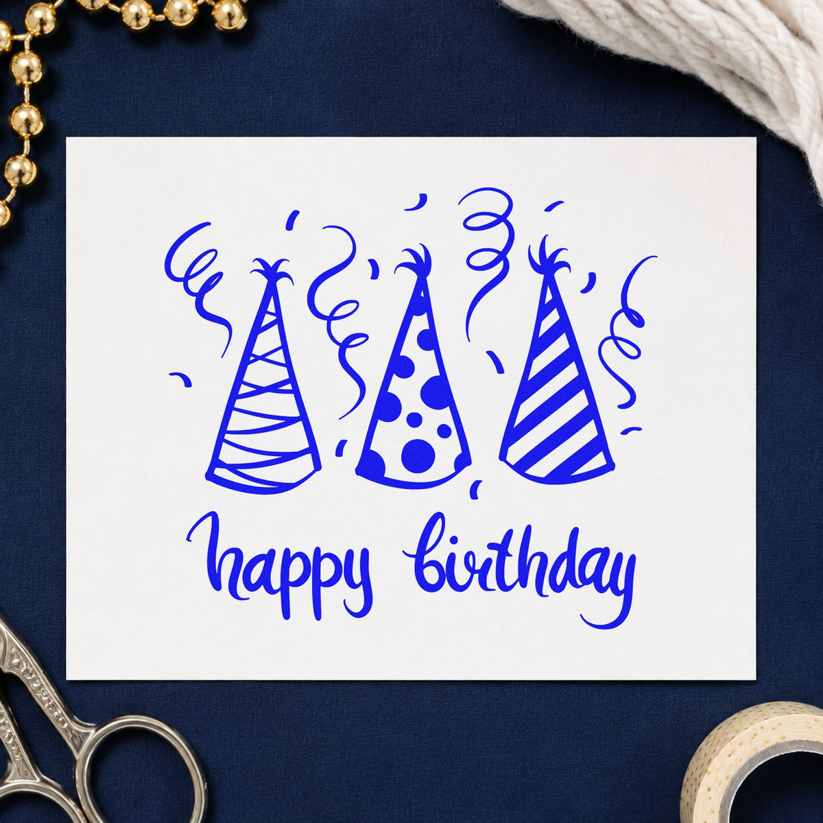Birthday Three Party Hats craft stamp imprinted in blue ink on paper, a design suited to framed kitchen wall.