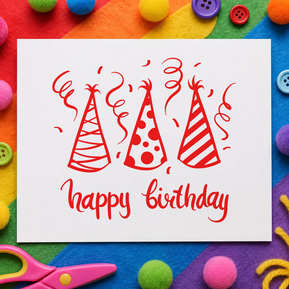 Birthday Three Party Hats rubber stamp shown in red ink, stamped for projects such as bin decor labels.