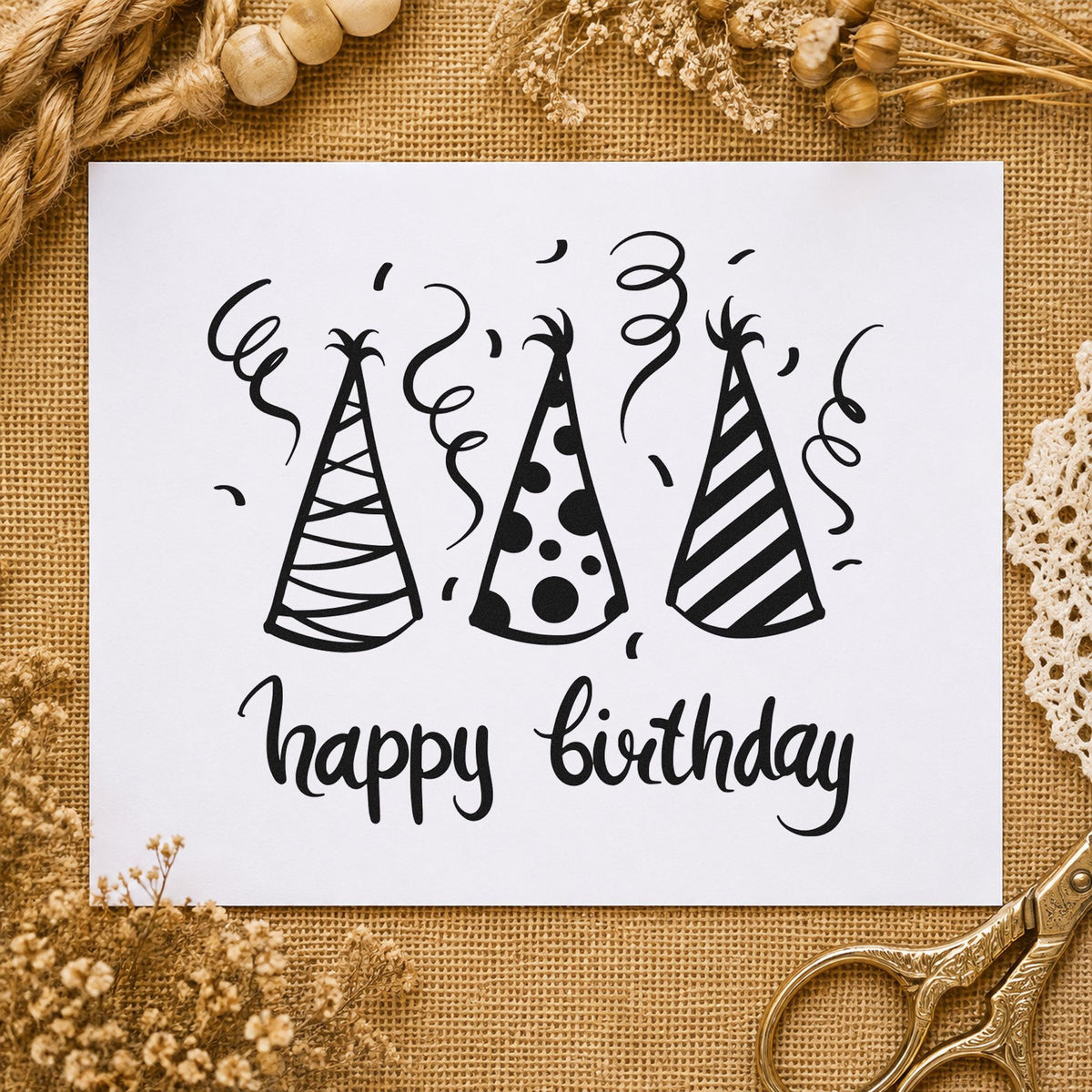 Birthday Three Party Hats rubber stamp printed in black ink, ready for three hat cards and similar paper crafts.