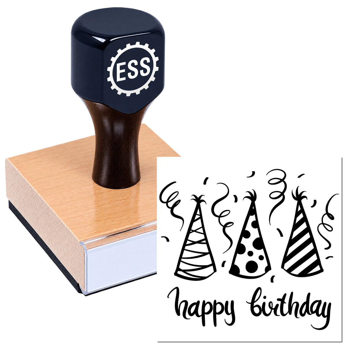 Black ESS stamp seal on a pink wooden block, with birthday party hat designs and "happy birthday" text.