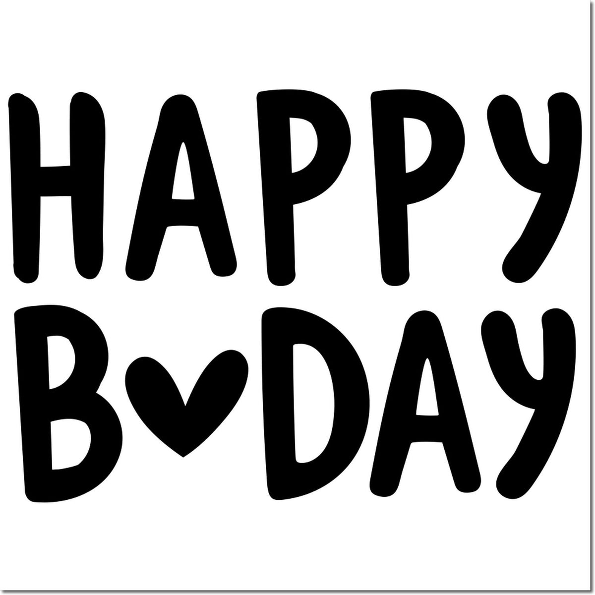 Black HAPPY BDAY stamp design with a heart symbol on a white background, ideal for birthday cards and seals.