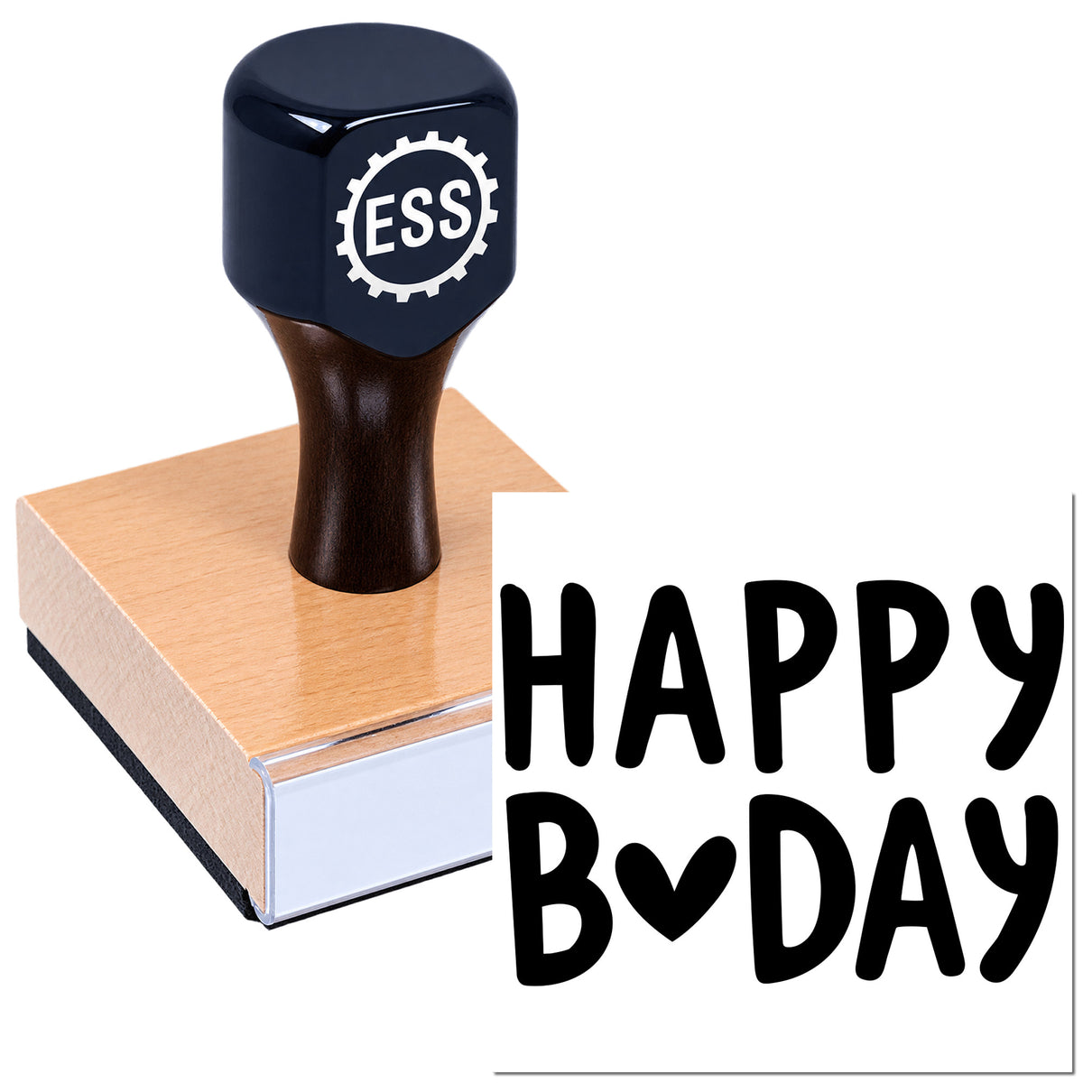 Black ESS stamp and seal on a pink wooden block beside bold black "Happy B-Day" lettering.