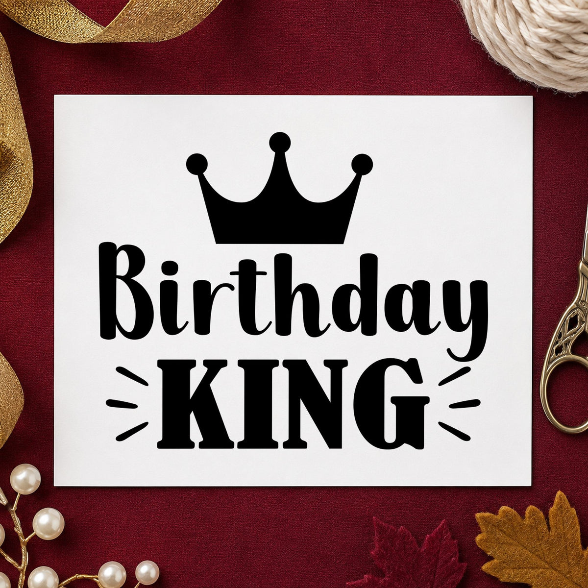 Birthday King Crown Graphic craft stamp imprint in black ink on a handmade project, one idea being present gift tags.