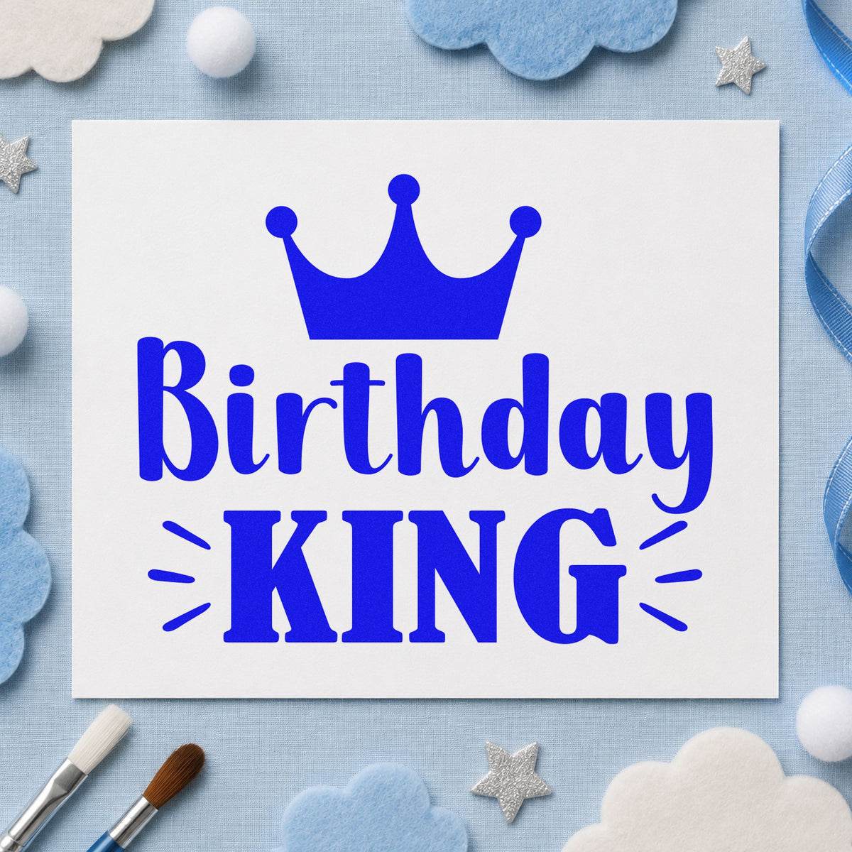 Birthday King Crown Graphic craft stamp in blue ink on cardstock, an easy option for grill apron printing.