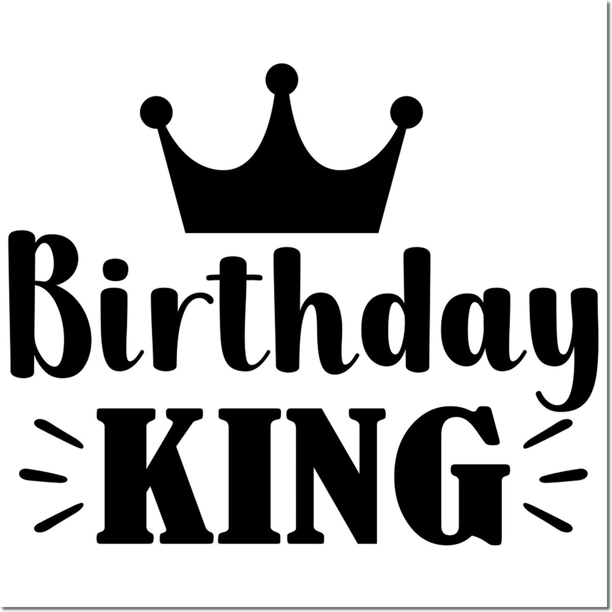 Black Birthday KING stamp design with crown and decorative rays for seal products.