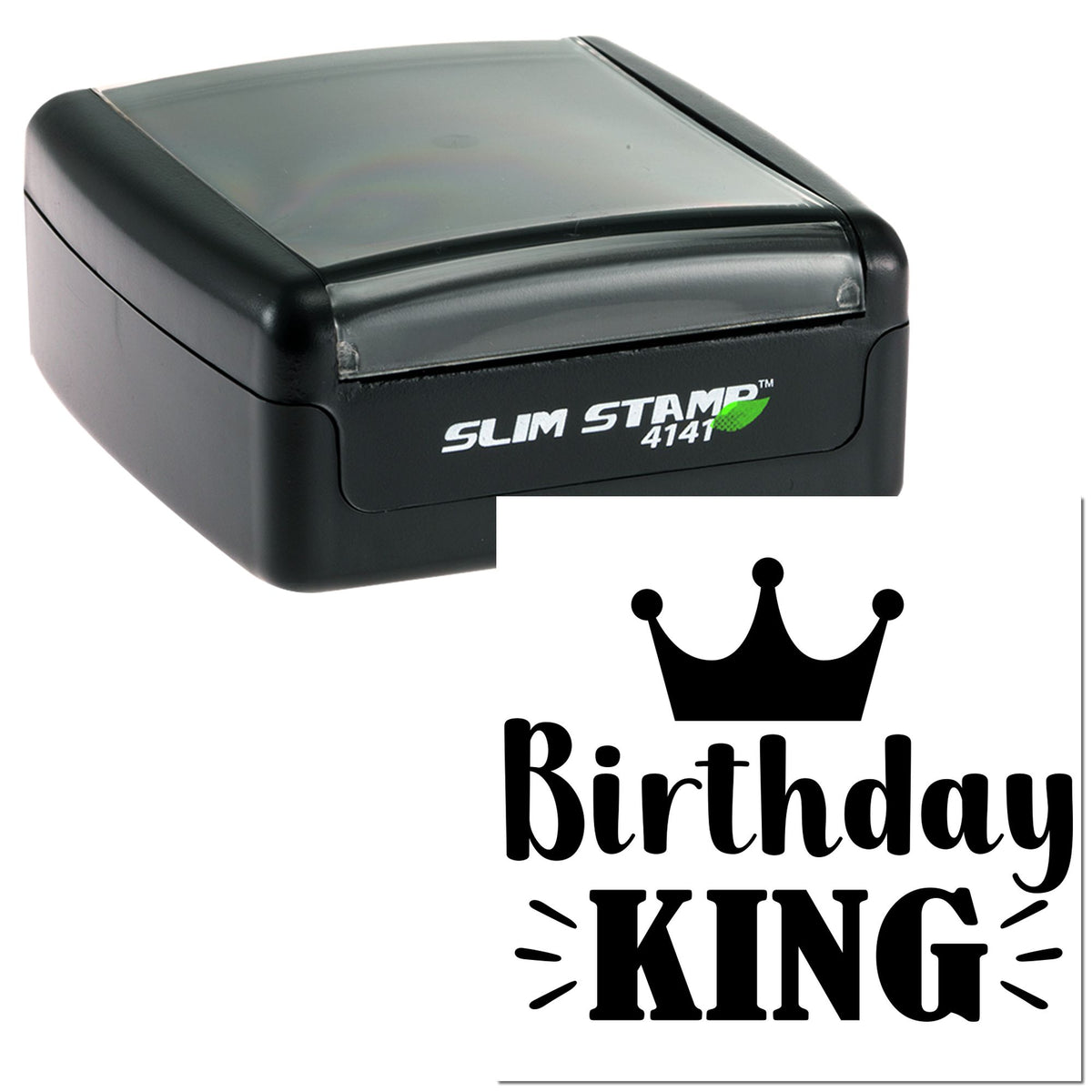 Black Slim Stamp 4141 self-inking stamp with black body, gray cover, and Birthday King crown seal design.