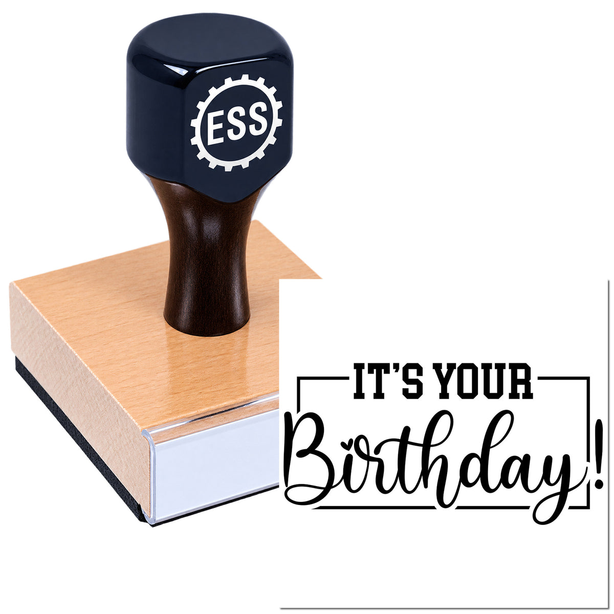 Dark blue ESS stamp and birthday seal design on wooden block, with black "It's Your Birthday!" lettering.
