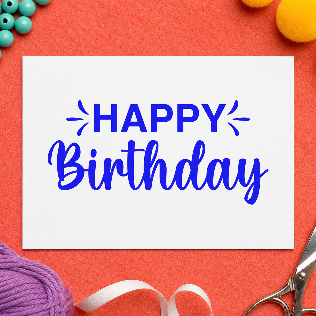 Happy Birthday Accent Script craft stamp imprinted in blue ink on paper, a design suited to framed studio entry.