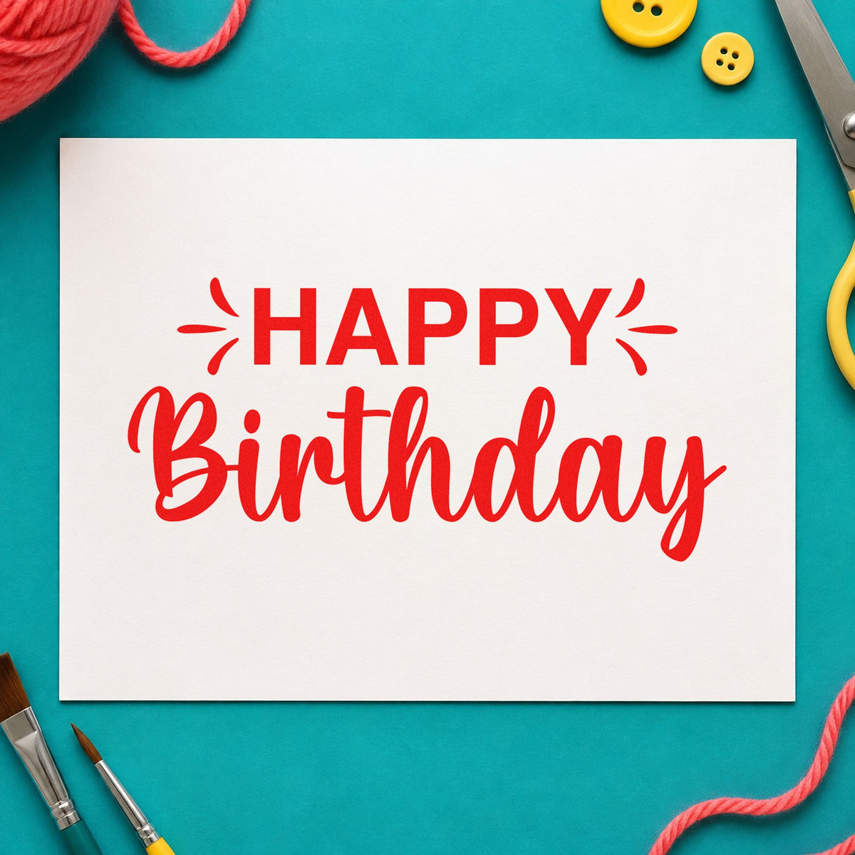 Happy Birthday Accent Script rubber stamp shown in red ink, stamped for projects such as bin treat labels.