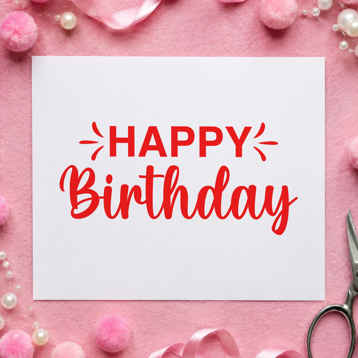 Happy Birthday Accent Script craft stamp imprint in red ink on a handmade project, one idea being group sign cards.