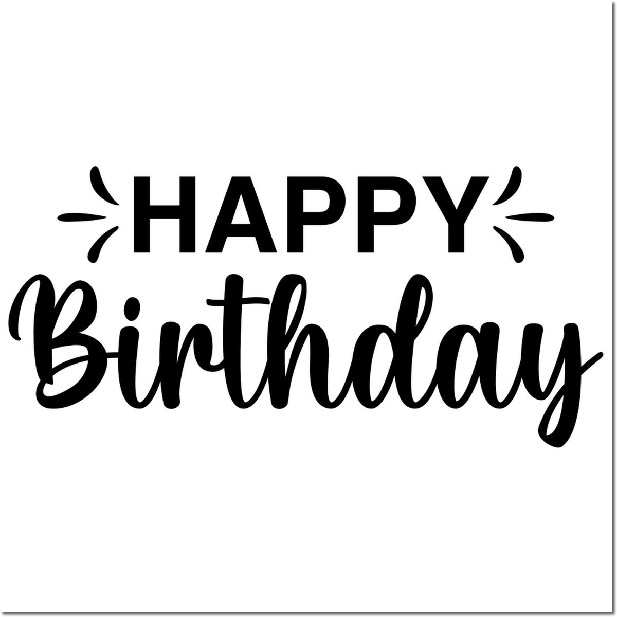 Black HAPPY Birthday stamp and seal design with bold script lettering and decorative bursts on white background