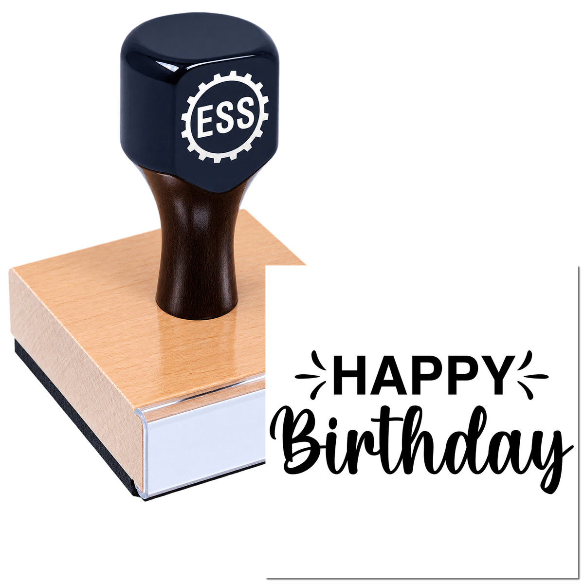 Black ESS rubber stamp on pink wooden block beside black "Happy Birthday" seal design on white.