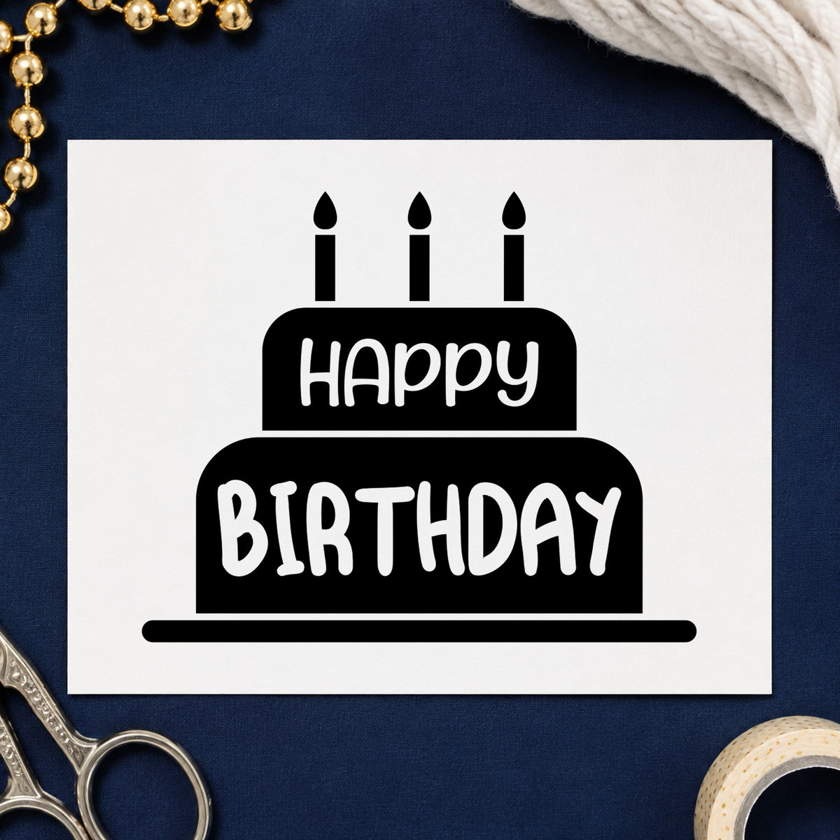 Happy Birthday Candle Cake craft stamp in black ink on cardstock, an easy option for bake year album page.