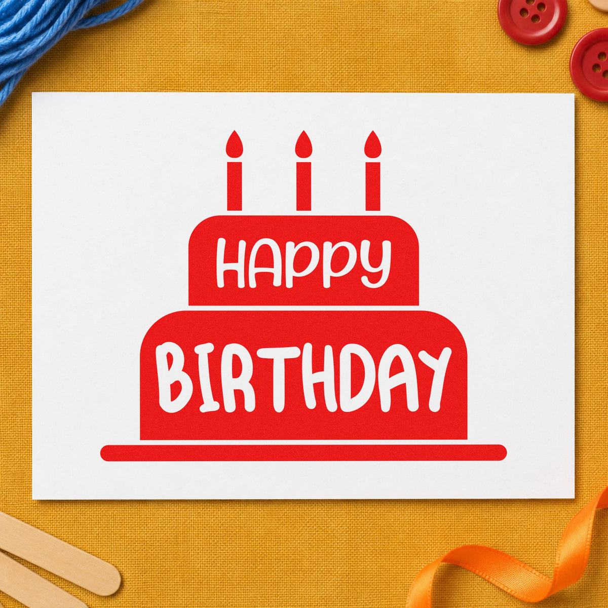 Happy Birthday Candle Cake rubber stamp shown in red ink, stamped for projects such as shelf tool labels.