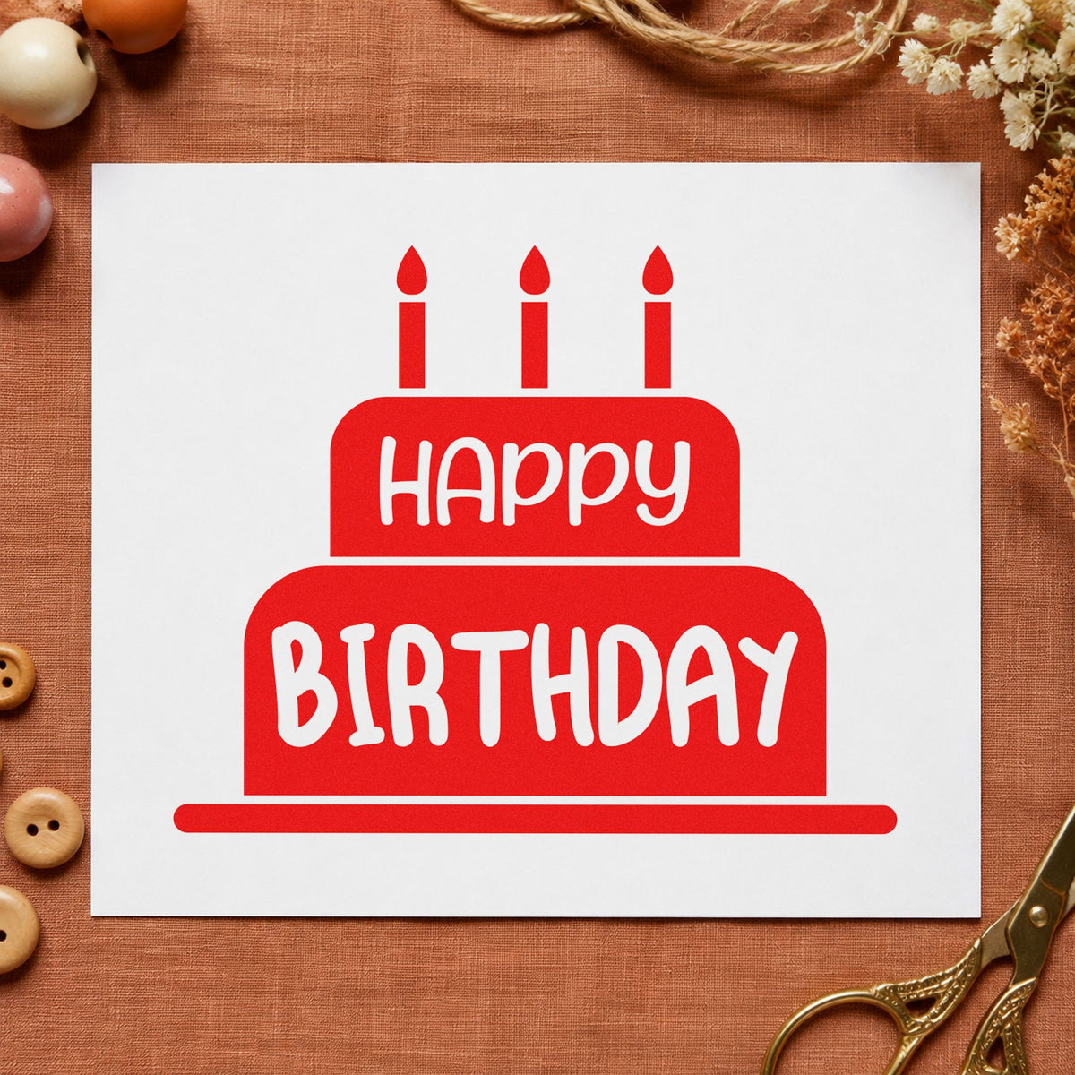 Happy Birthday Candle Cake craft stamp imprint in red ink on a handmade project, one idea being tasting note cards.