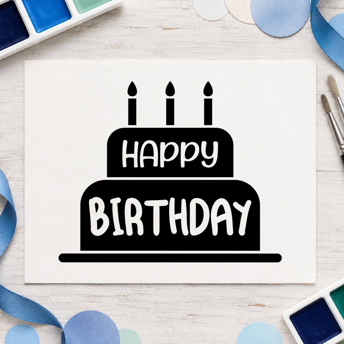 Happy Birthday Candle Cake rubber stamp printed in black ink, ready for solid cake cards and similar paper crafts.