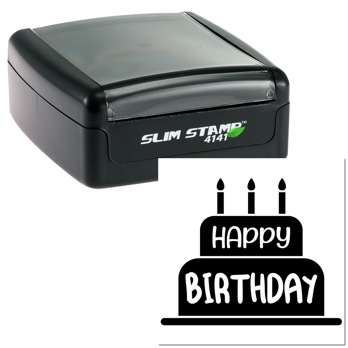 Black self-inking Slim Stamp 4141 with happy birthday cake seal design on white background