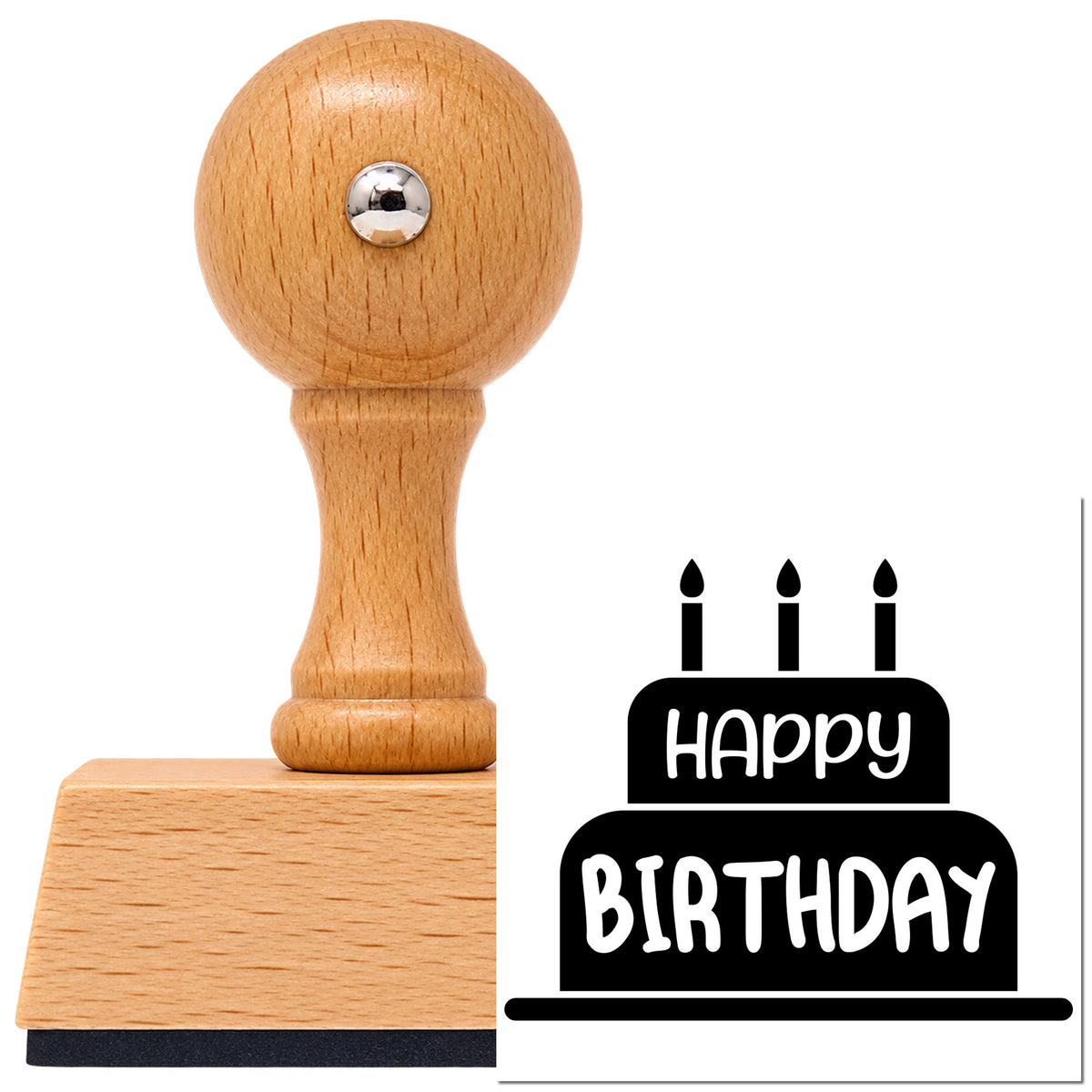 Vintage Pro beech wood stamp with a round knob handle, shown with its black Happy Birthday Candle Cake imprint on white.
