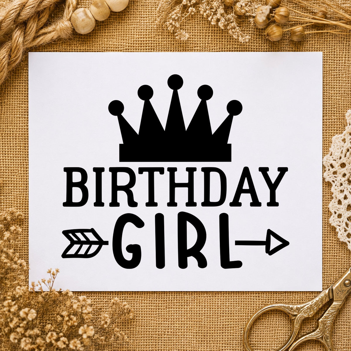Birthday Girl Crown Arrow craft stamp imprint in black ink on a handmade project, one idea being present gift tags.