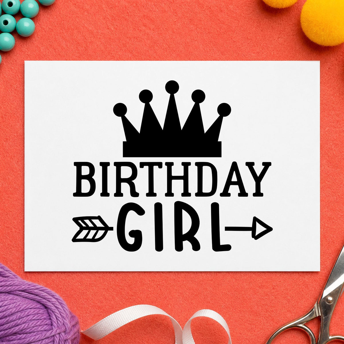 Birthday Girl Crown Arrow rubber stamp printed in black ink, ready for day plan sheet and similar paper crafts.