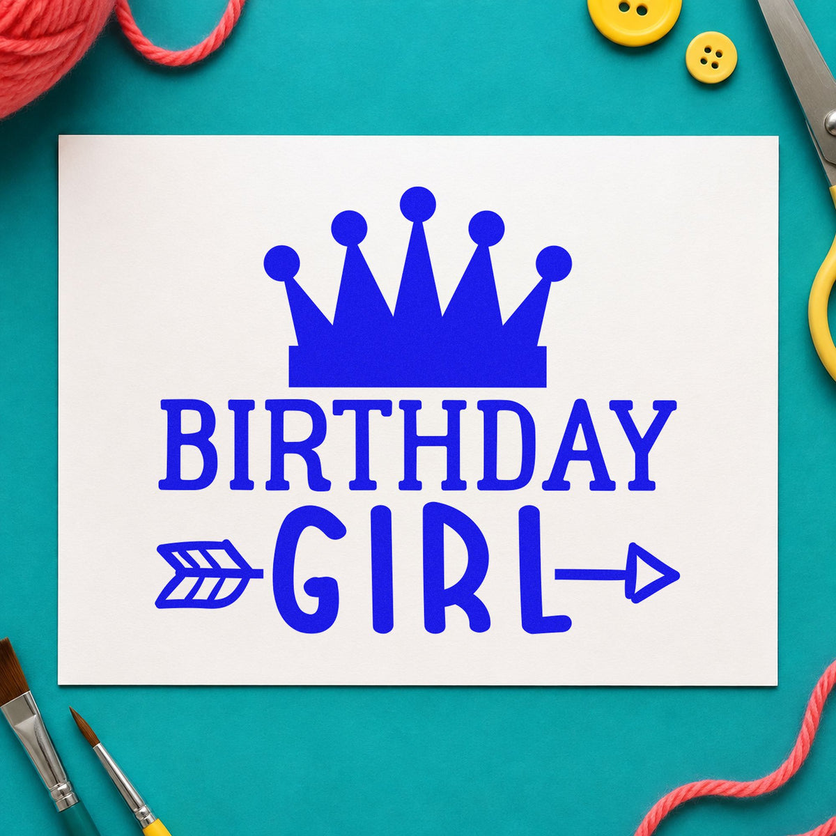 Birthday Girl Crown Arrow craft stamp in blue ink on cardstock, an easy option for bedroom bunting printing.