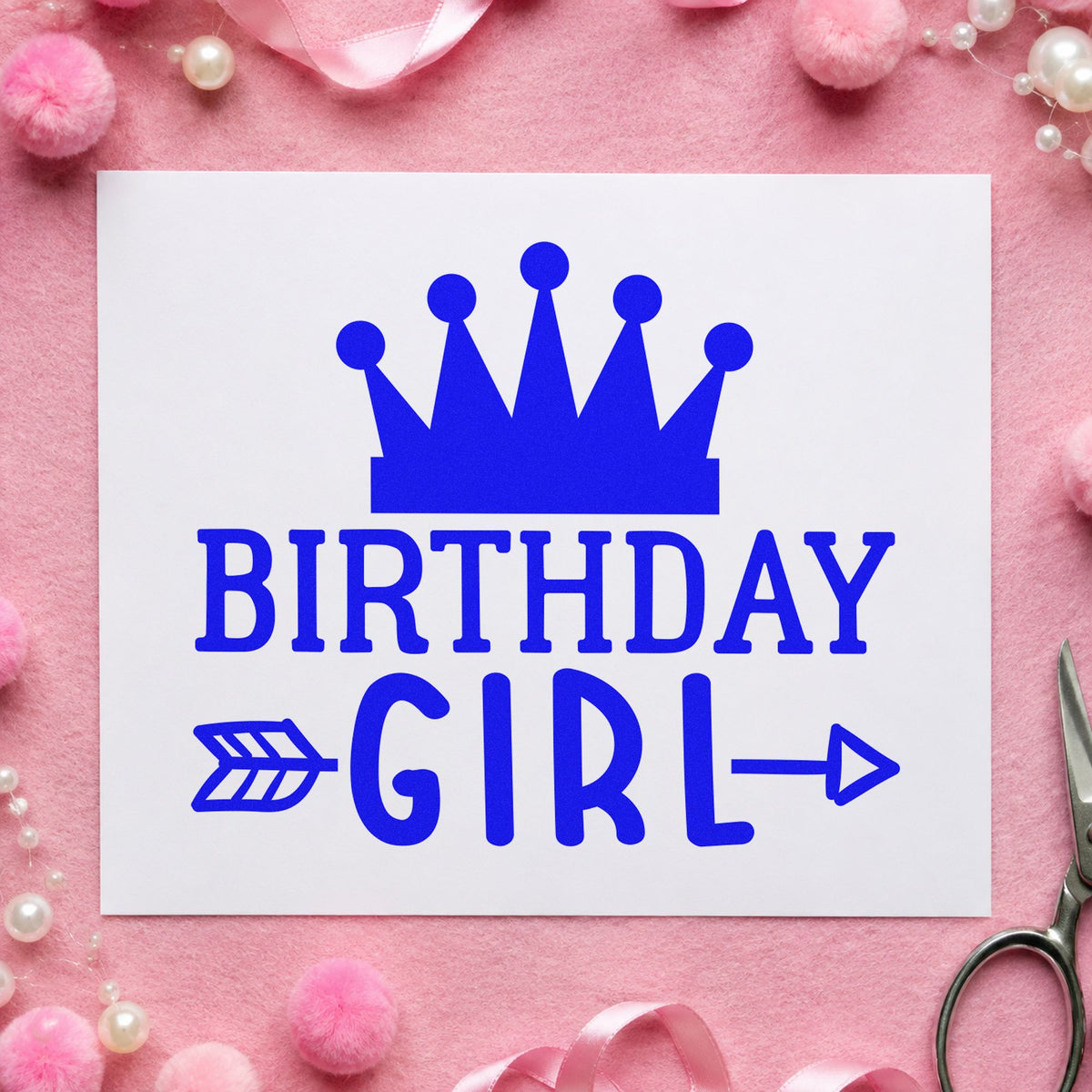 Birthday Girl Crown Arrow craft stamp imprinted in blue ink on paper, a design suited to framed bedroom door.