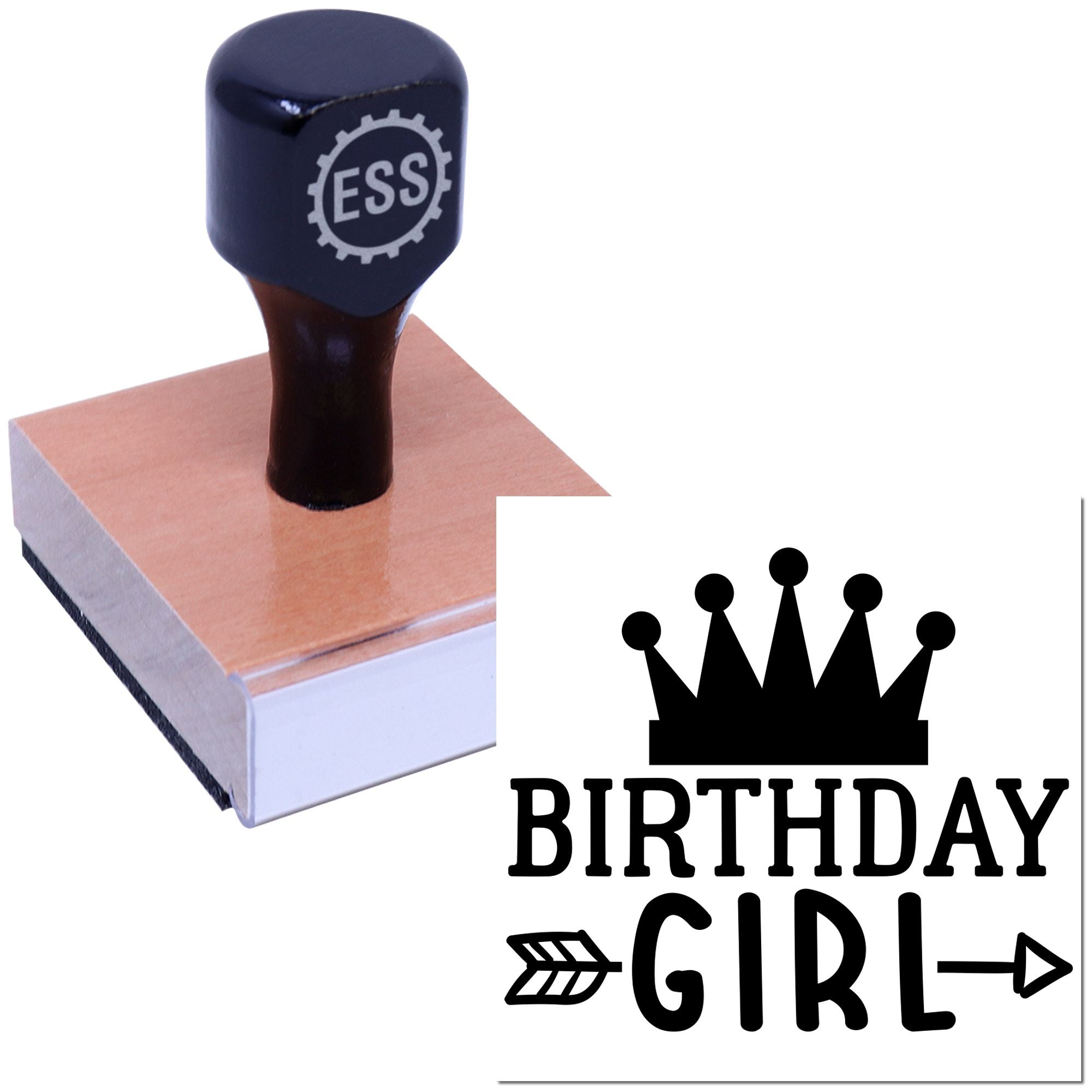 Navy self-inking stamp and seal on wooden block, featuring a crown logo and Birthday Girl design.