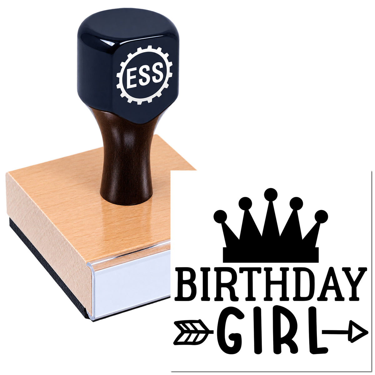 Navy self-inking stamp and seal on wooden block, featuring a crown logo and Birthday Girl design.