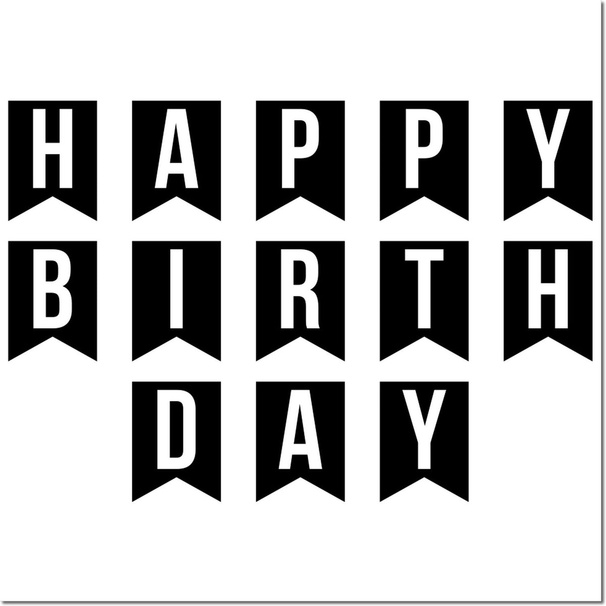 Black pennant-style stamp and seal reading HAPPY BIRTHDAY in bold white letters.