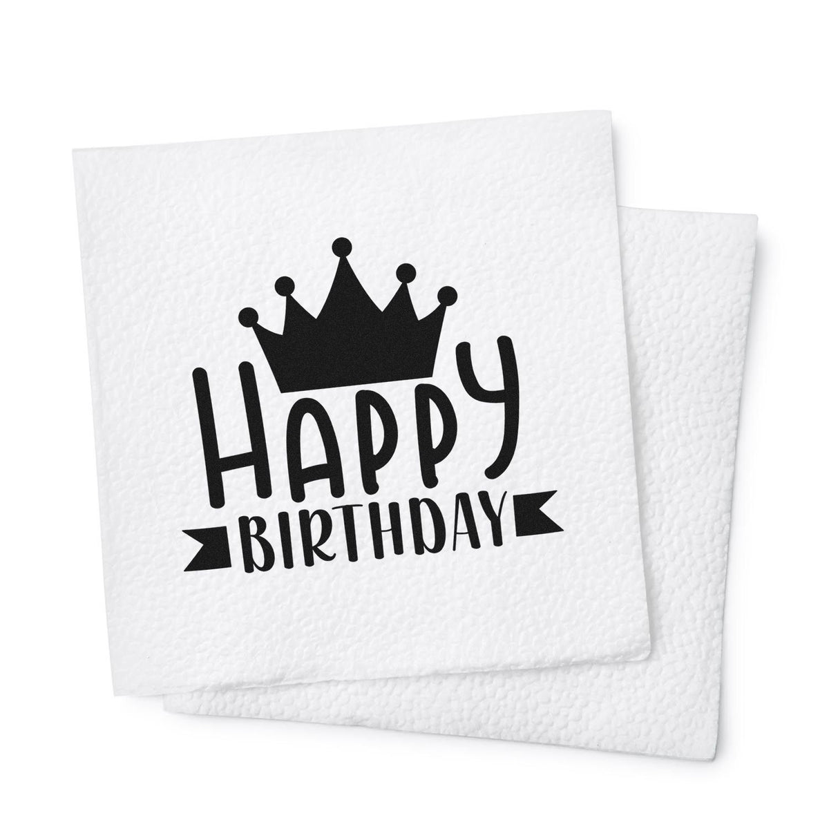 Black Happy Birthday stamp and seal design with crown on white textured paper cards.